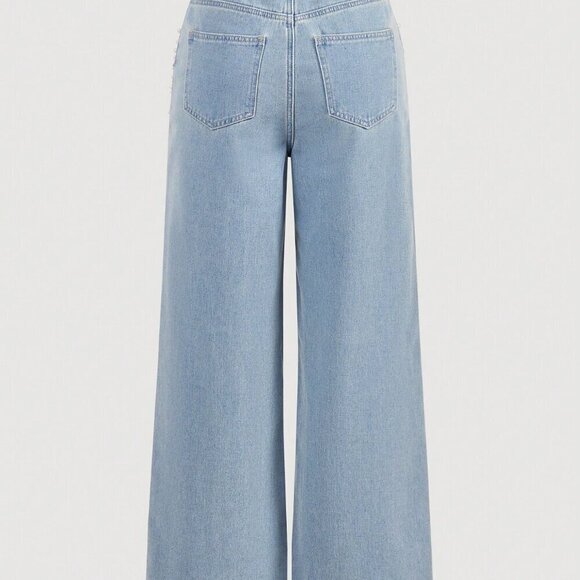 Blue Casual Women's Front Button Pocket Faux Pearl Decor Denim Jeans - Picture 2 of 4